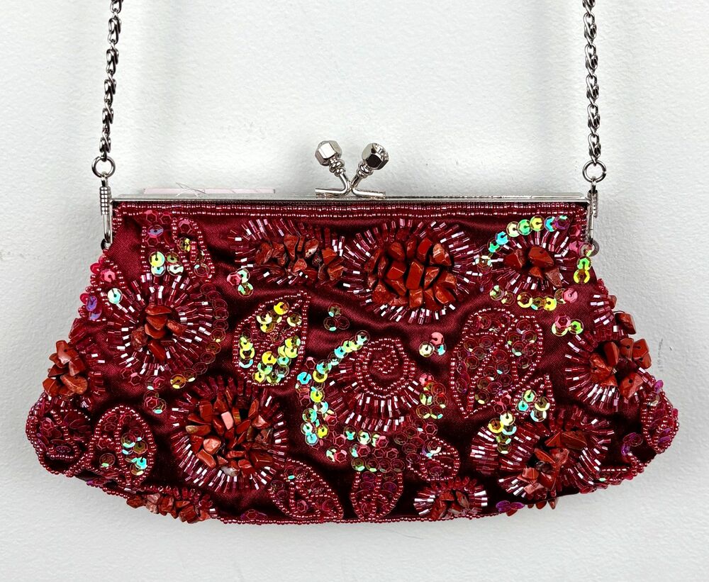 VTG Red Floral Sequin Beaded Clutch Shoulder Evening Bag Chain Purse